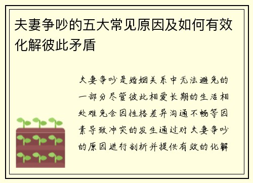 夫妻争吵的五大常见原因及如何有效化解彼此矛盾